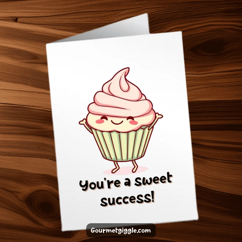 Funny free printable congratulations card: a happy cupcake with frosting, performing a joyful jig to celebrate your amazing achievement.