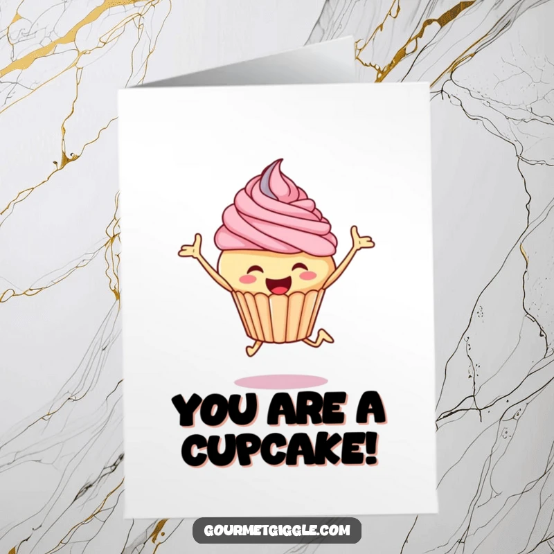 Funny Free Printable Congrats Card: A happy cupcake leaping with glee, celebrating big wins with frosting swirls.