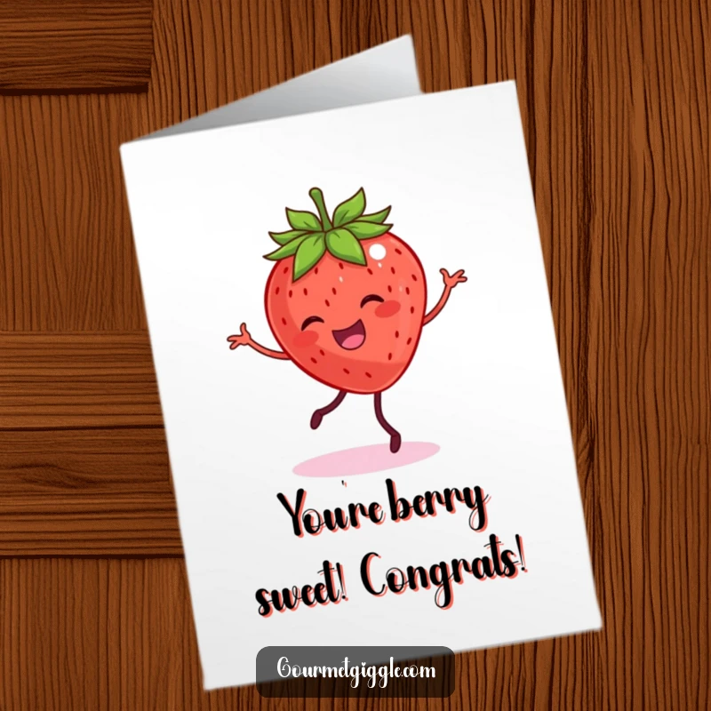 Funny free printable congratulations card: A smiling strawberry with legs does a happy, celebratory dance.