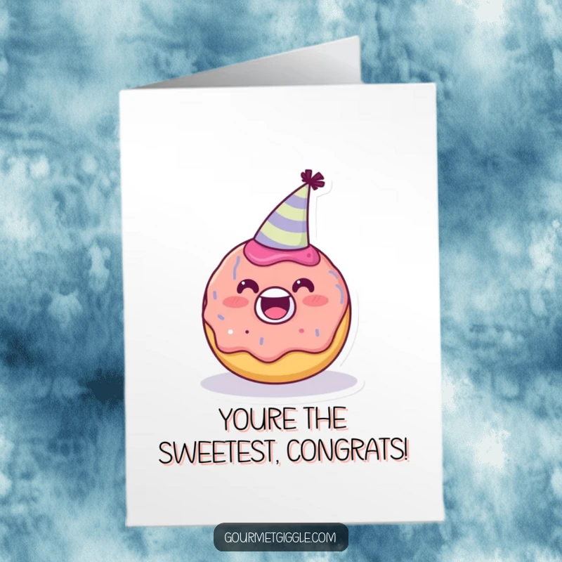 Funny Free Printable Congratulations Card: A delighted donut in a party hat celebrates, offering a hilarious downloadable gift.
