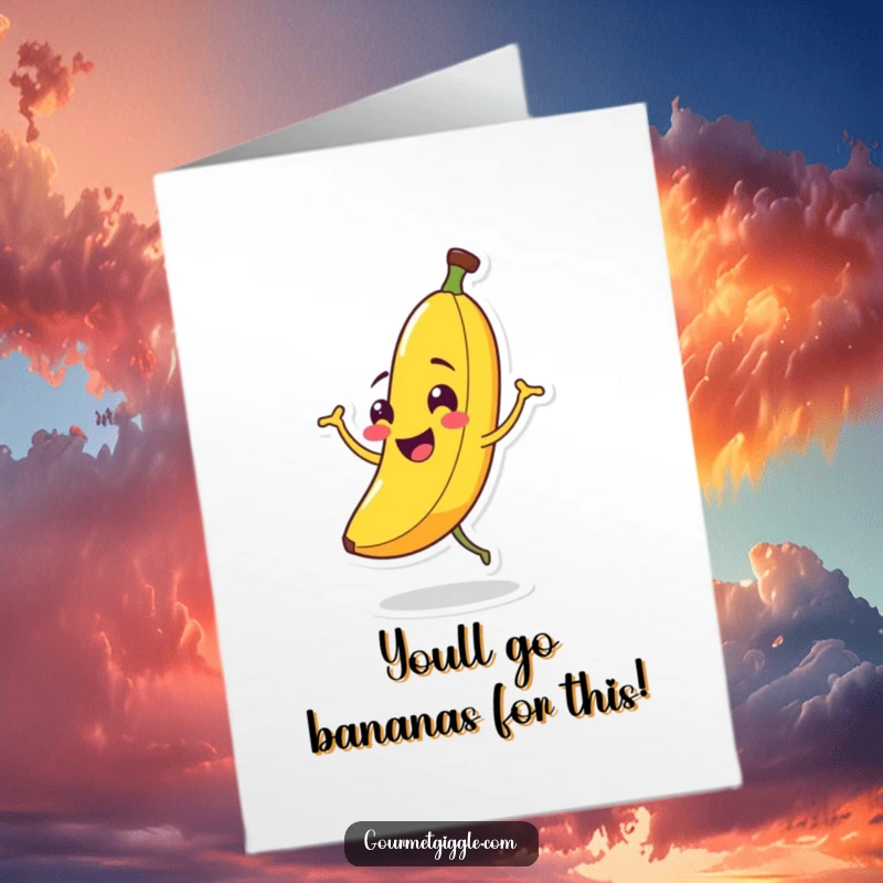 Funny Free Printable Congratulations Card: A smiling banana character performs a goofy jig, celebrating a joyful occasion.