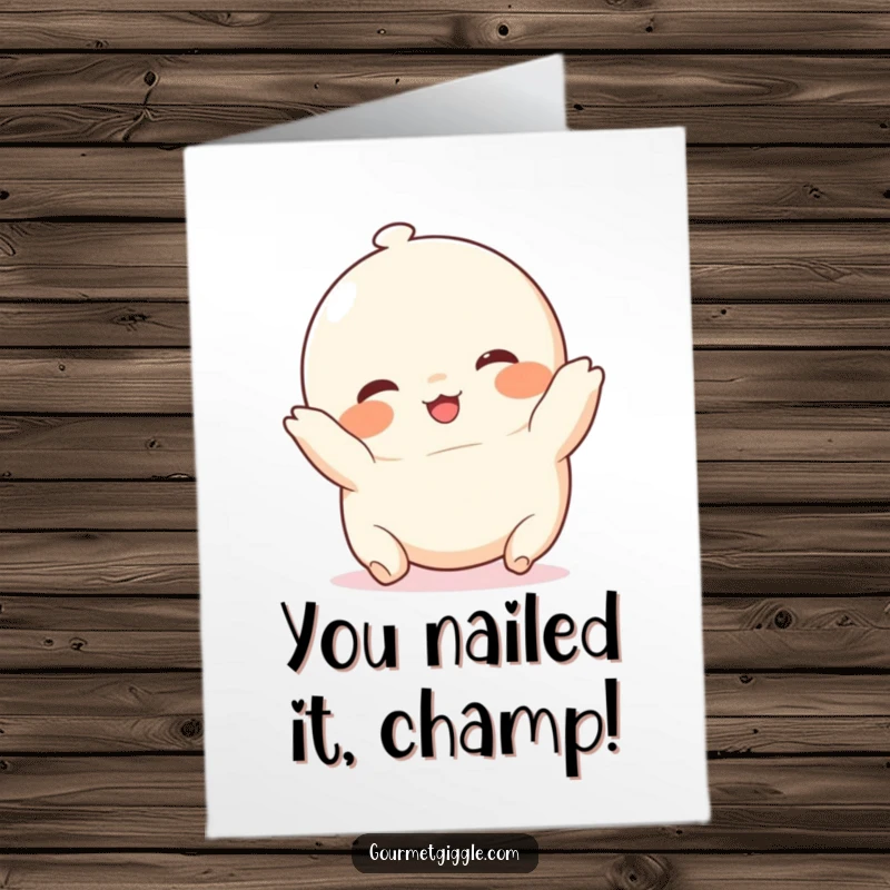 Funny Free Printable Congratulations Card: A chubby dumpling with rosy cheeks performing a happy tumble to celebrate success.