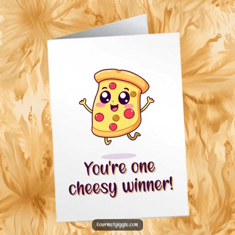 Funny Free Printable Congrats Card: A happy pizza slice with eyes and legs jumps with excitement for a big win.