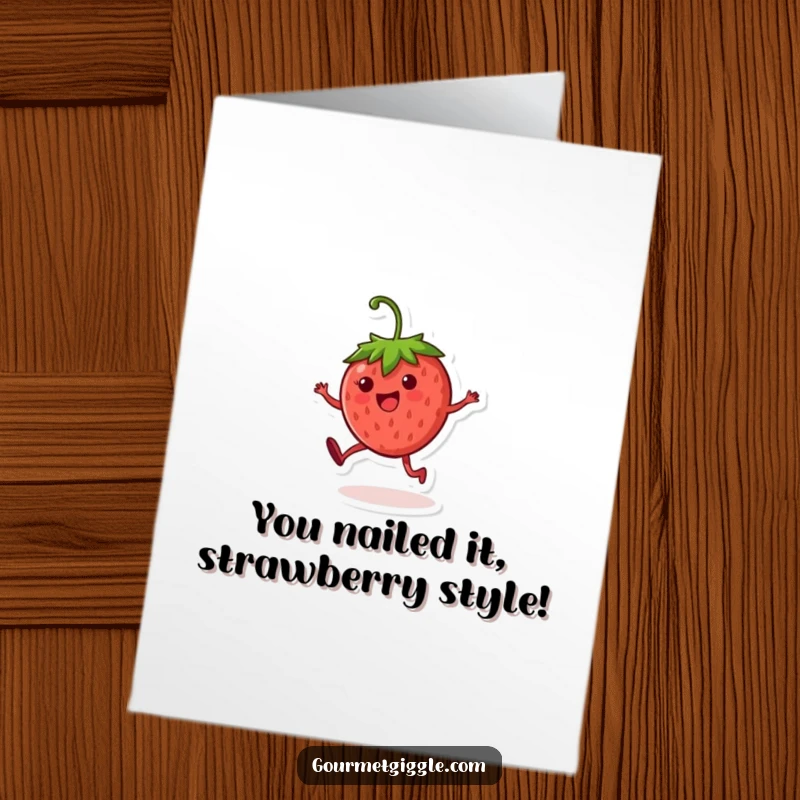 Funny Free Printable Congratulations Card: A happy strawberry character doing a cartwheel in celebration.
