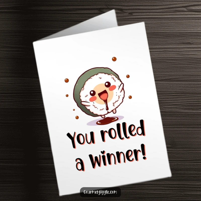 Funny Free Printable Congrats Card: Energetic sushi doing a cartwheel, celebrating success with a splash.