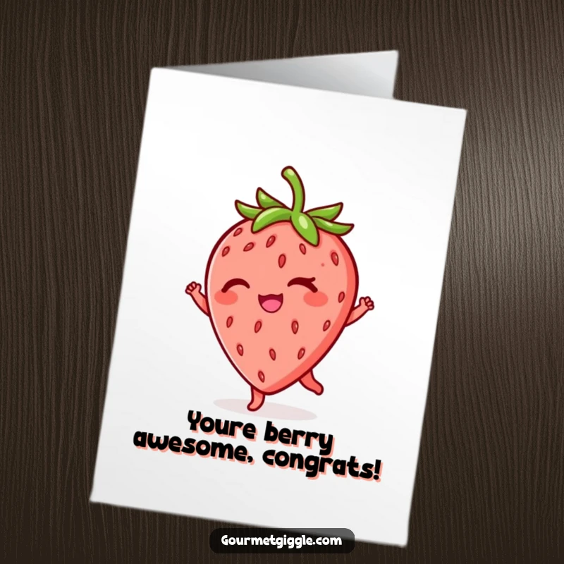 Free Printable congratulations card with a cute, winking strawberry executing a graceful and playful twirl. Perfect for any celebratory moment.