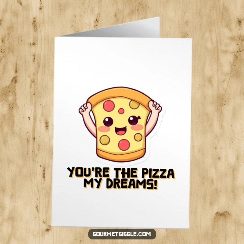 Funny Free Printable Congratulations Card: A smiling slice of pizza with little arms raised high celebrating a big win.