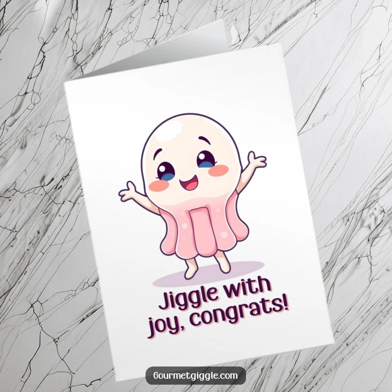Funny Free Printable Congratulations Card: A jiggly jelly character performing a happy dance, celebrating achievements with infectious enthusiasm.
