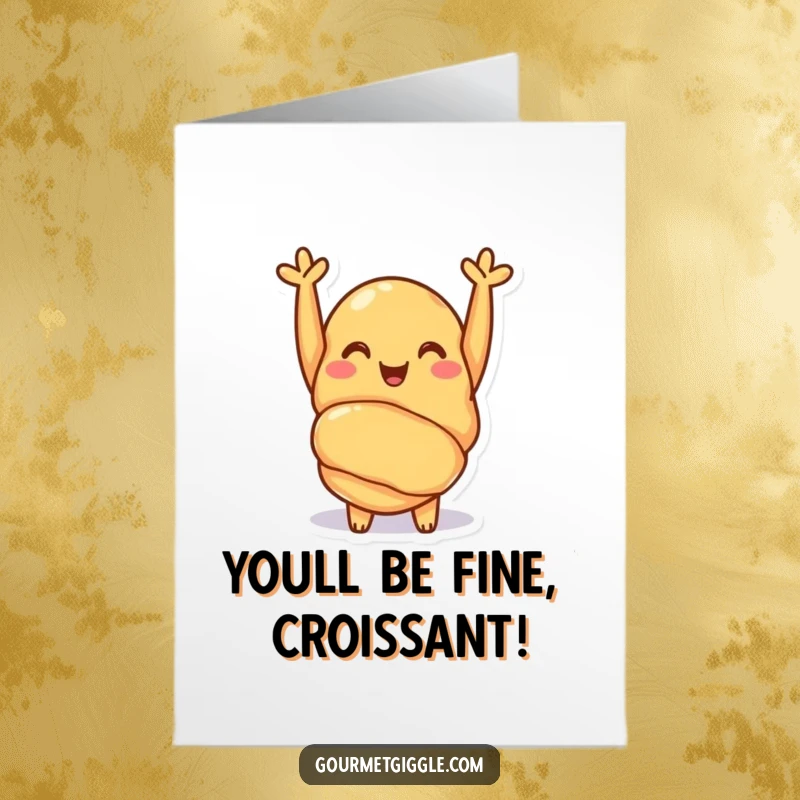 Funny Free Printable Congratulations Card showing a cheerful croissant with tiny arms raised in a happy cheer.