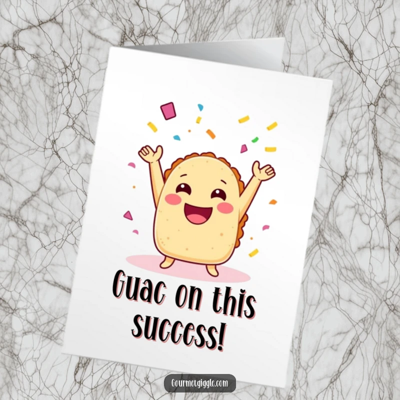 Funny Free Printable congratulations card showing a laughing taco with arms enthusiastically tossing confetti for a joyful celebration.