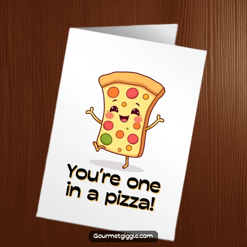 Funny Free Printable Congratulations Card: Happy dancing pizza slice with tiny legs, a fun downloadable art piece.