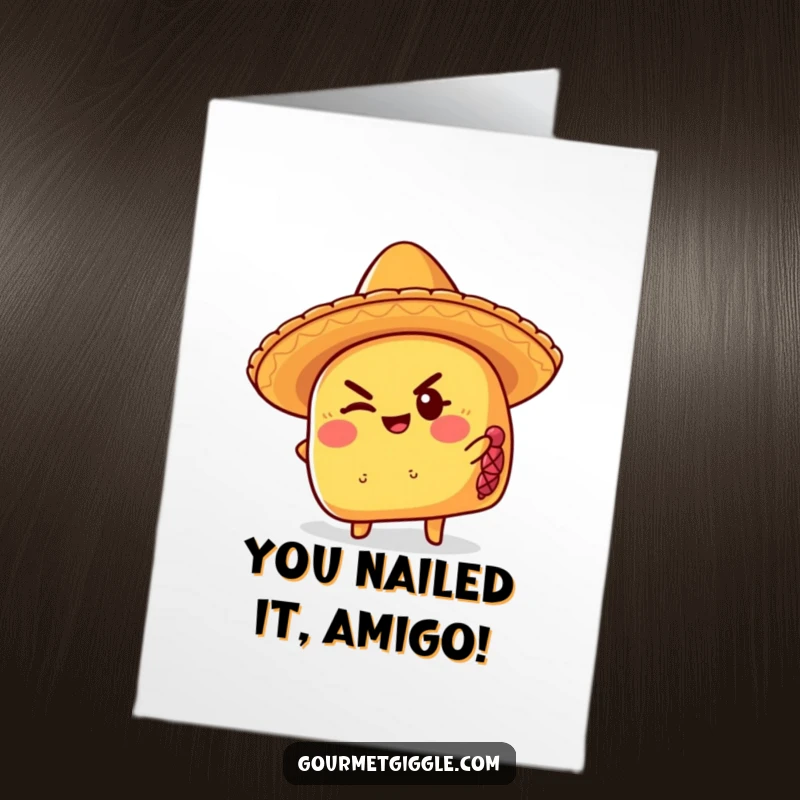 Funny Free Printable congratulations card of a taco wearing a sombrero, sending a mischievous wink and a cheeky smile.