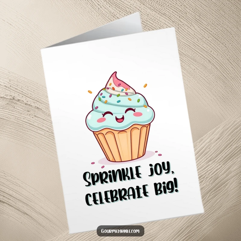 Funny Free Printable Congrats Card: A happy cupcake giggles as sprinkles shower down, celebrating your wonderful achievement.