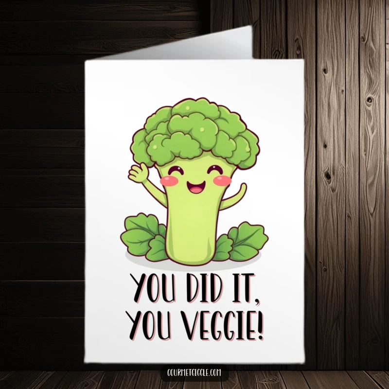 Funny Free Printable Congratulations Card: A delighted broccoli smiles and waves, celebrating your success.