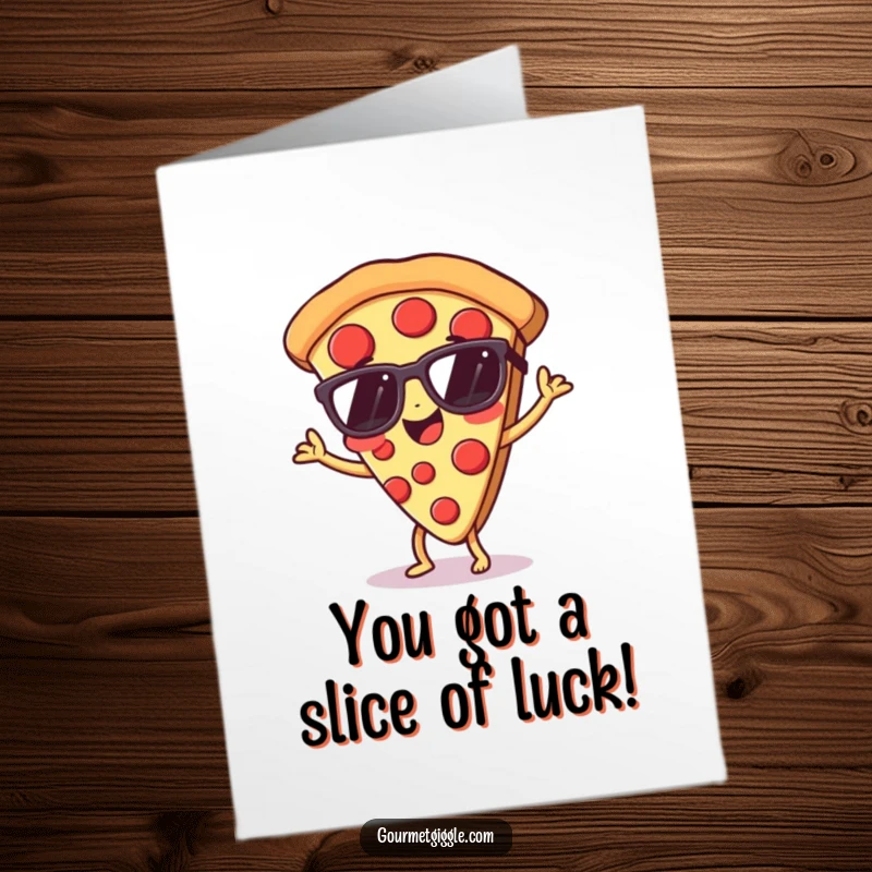 Funny Free Printable Congrats Card: A giggling pizza slice wearing sunglasses, dancing to celebrate good news.