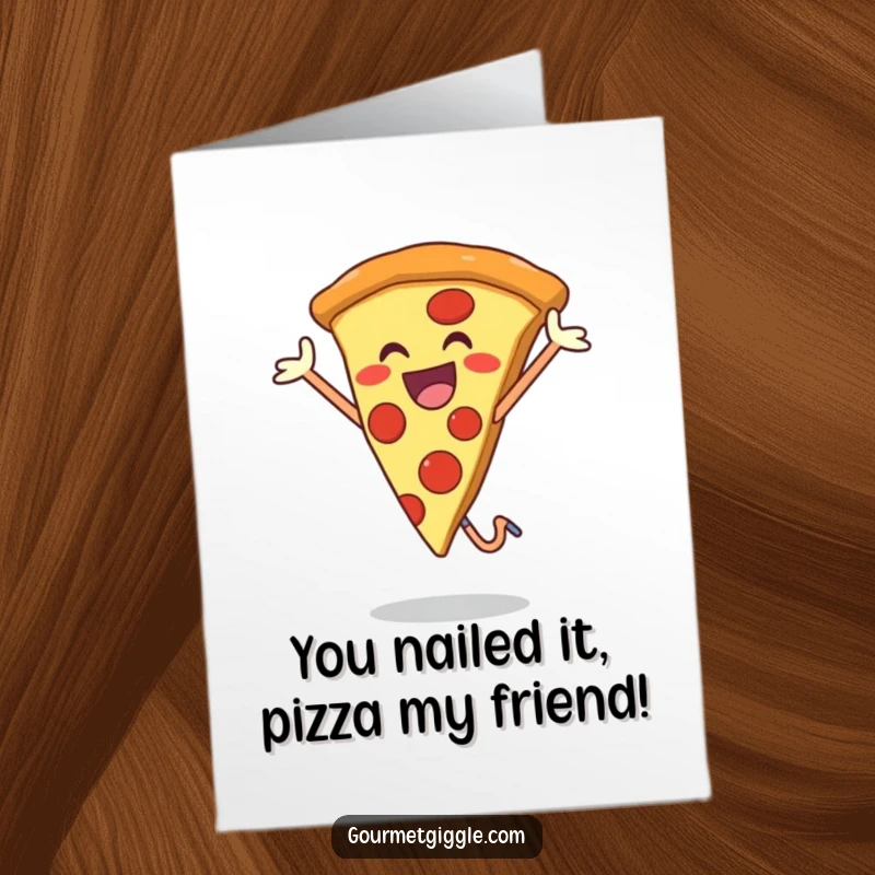 Funny Free Printable Congratulations Card: A happy slice of pizza performs an energetic jump to celebrate success.