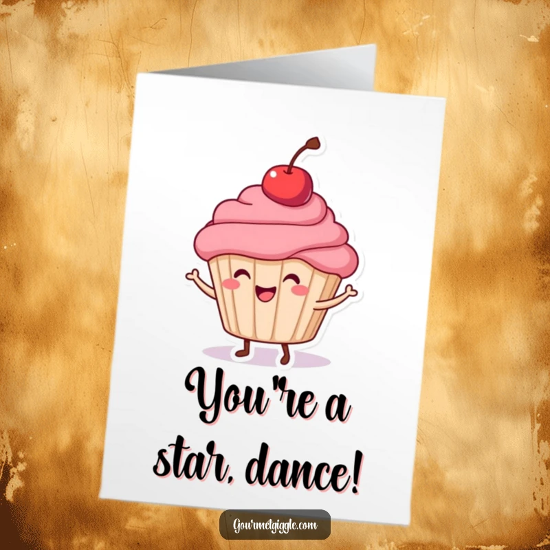 Funny Free Printable congratulations card: An energetic cupcake with a cherry on top performing a celebratory dance.