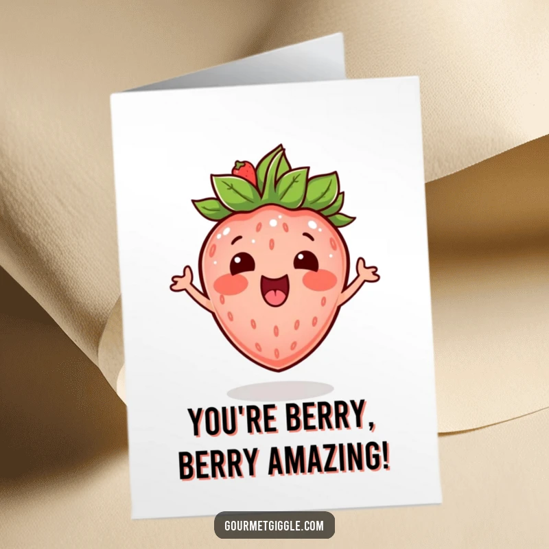 Free Printable Congratulations Card: An ecstatic strawberry with a leafy crown, bouncing with pure delight and celebrating achievements.