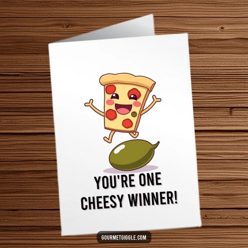 Funny Free Printable Congrats Card: Grinning pizza slice with legs happily leaping over a giant olive, celebrating victory.