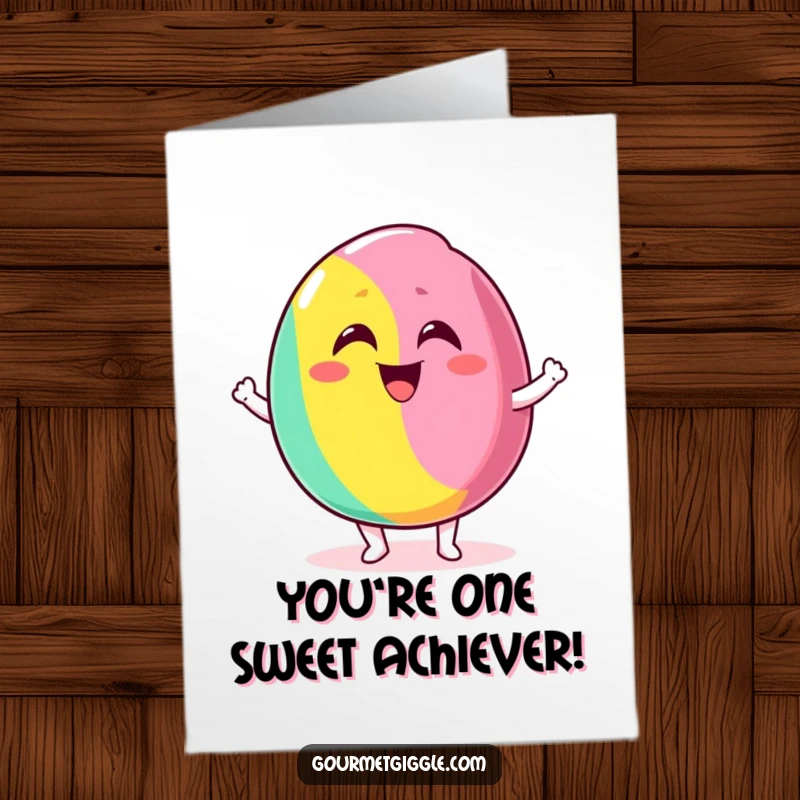 Funny Free Printable Congrats Card: Delighted candy with a silly grin bouncing excitedly, celebrating victory.
