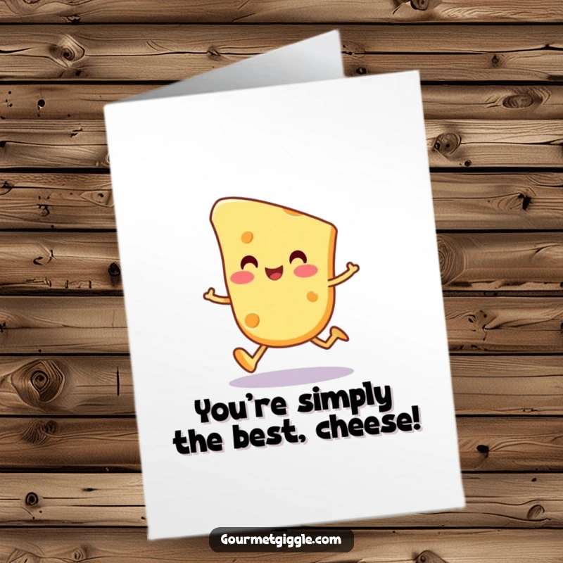 Funny Free Printable Congratulations Card: A happy cheese slice character trotting with celebratory glee.