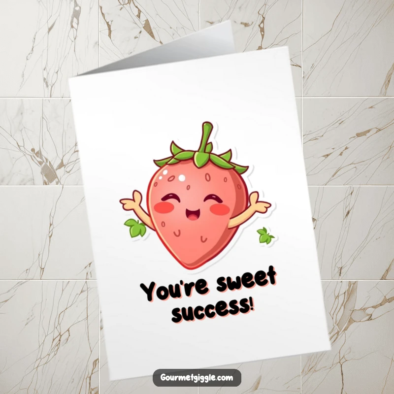 Funny Free Printable Congrats Card: A happy strawberry wiggles its leaf-arms energetically, celebrating a wonderful achievement.