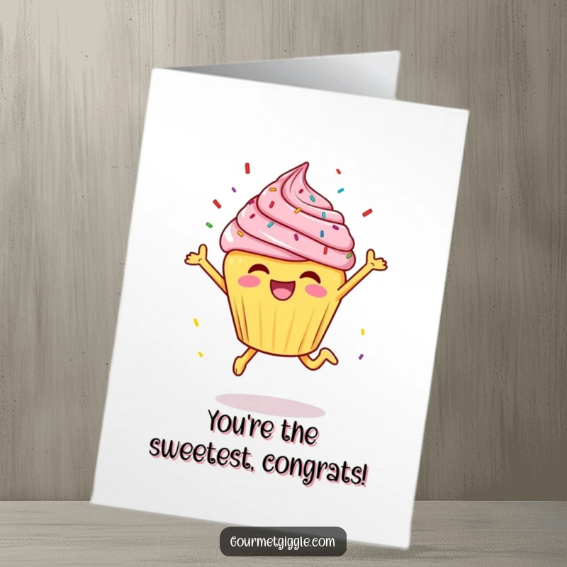 Funny free printable congratulations card of a cheerful cupcake leaping with sprinkles flying, celebrating good news.