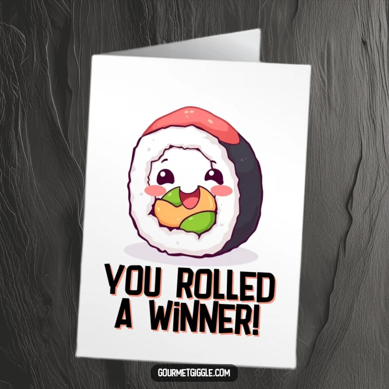 Funny Free Printable Sushi Congratulations Card: A happy sushi roll rolling with glee, celebrating your spectacular success with delicious cheer.