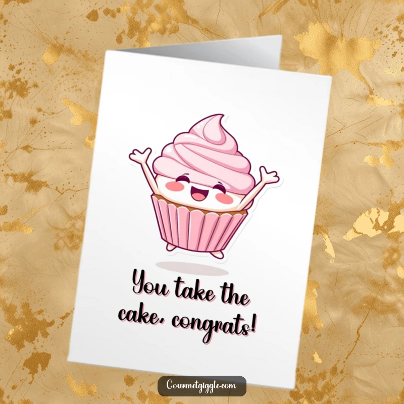 Funny Free Printable Congratulations Card: A beaming cupcake character in mid-leap, celebrating a wonderful success with enthusiasm.