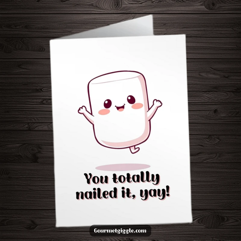Funny Free Printable Congratulations Card: A cheerful marshmallow character bounces with delight, celebrating a happy occasion.
