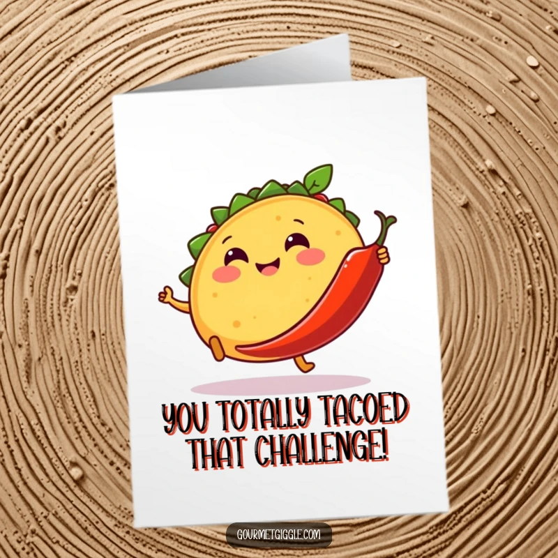 Funny Free Printable Congrats Card: A smiling taco with tiny legs kicking a dancing chili pepper, celebrating a win!