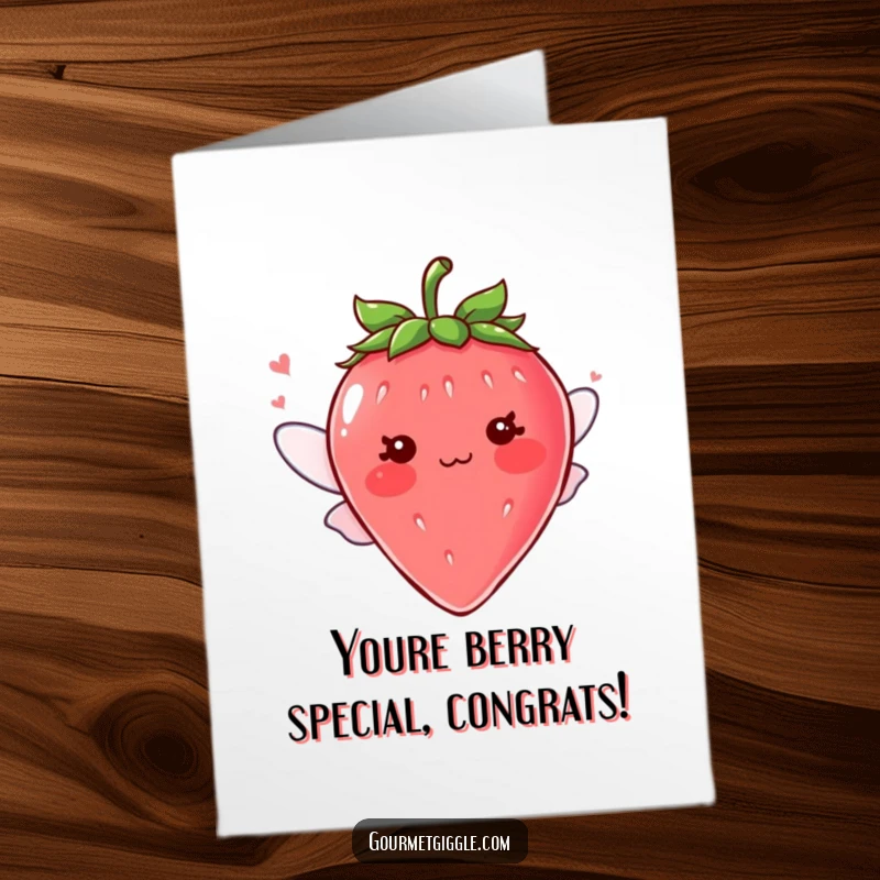 Funny Free Printable Congratulations Card: A blushing strawberry with tiny wings celebrates, offering a hilarious downloadable gift.