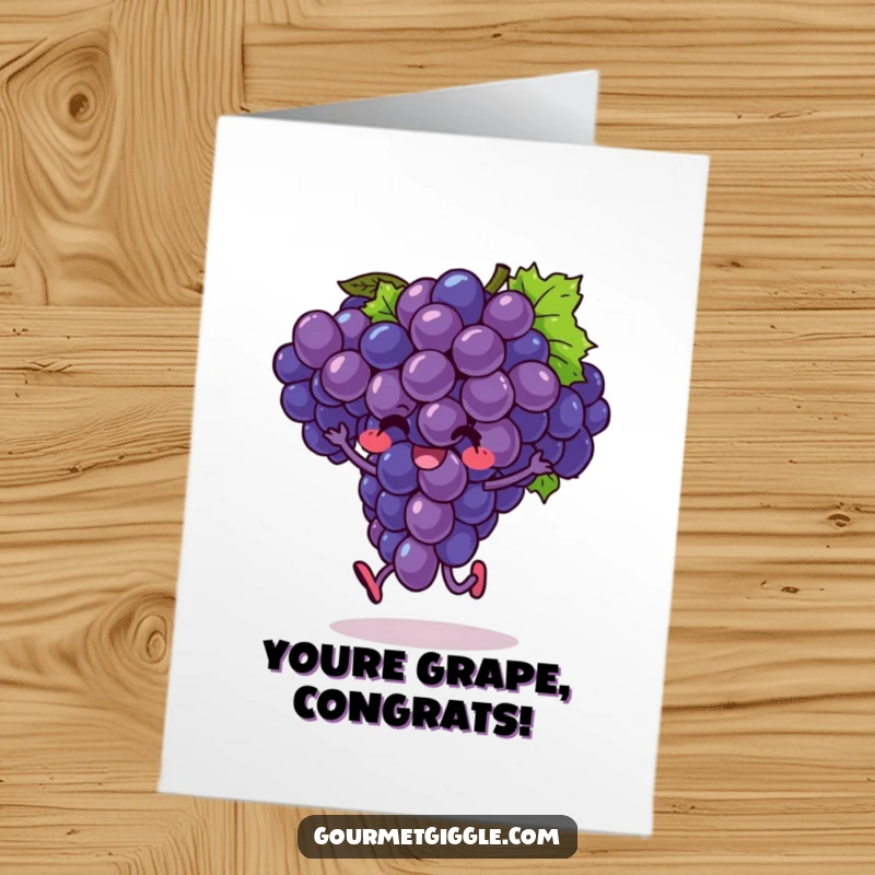 Free Printable Congratulations Card with an exuberant bunch of grapes captured mid-hop, celebrating with fruity cheer.