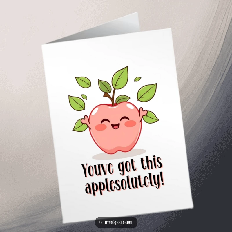 Funny Free Printable Congratulations Card: A happy apple character juggles its own leaves, celebrating a successful milestone.