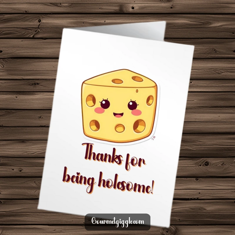 Funny Free Printable Thank You Card featuring a happy cheese with holes grinning widely, perfect for a cheerful thanks.