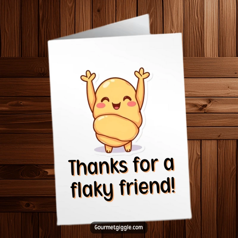 Funny Free Printable Thank You Card of a cheerful croissant with tiny arms raised in a happy cheer.
