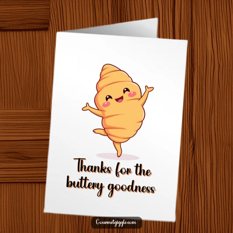 Funny Free Printable Croissant Thank You Card: A grinning croissant in a graceful pirouette, expressing thanks with sweet pastry charm.
