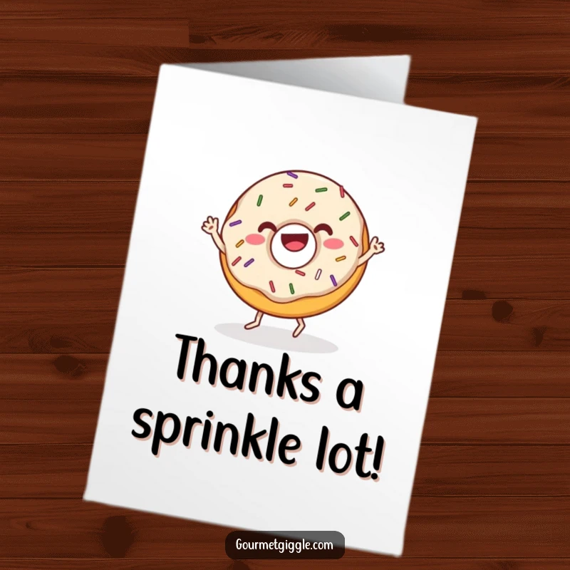 Funny Free Printable Thank You Card featuring a joyful donut with sprinkles dancing a happy wiggle.