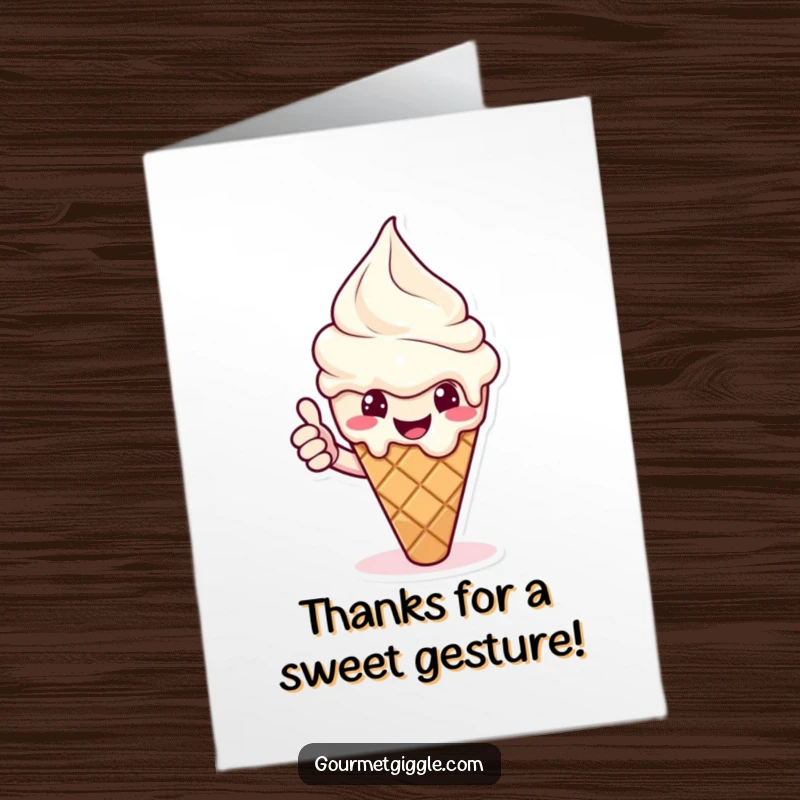 Funny Free Printable Thank You Card of a melting ice cream cone with a cheerful expression giving a thumbs up.