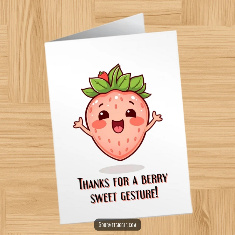 Funny Free Printable Thank You Card: A happy strawberry with a leafy crown, bouncing with glee, expressing sincere appreciation.