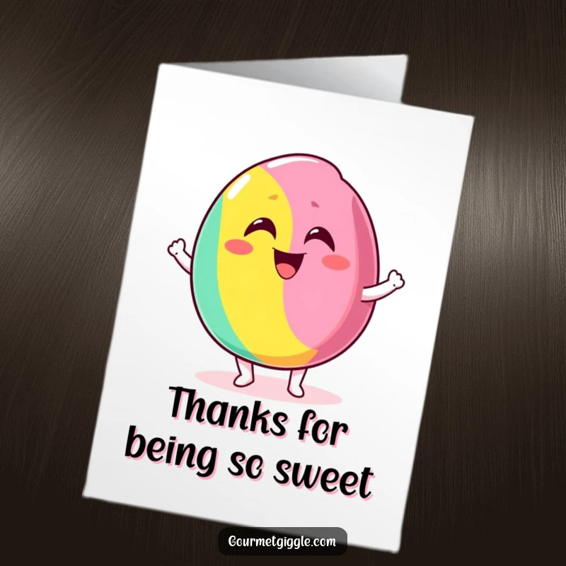 Funny Free Printable Thank You Card: Delighted candy with a silly grin bouncing excitedly, expressing thanks.