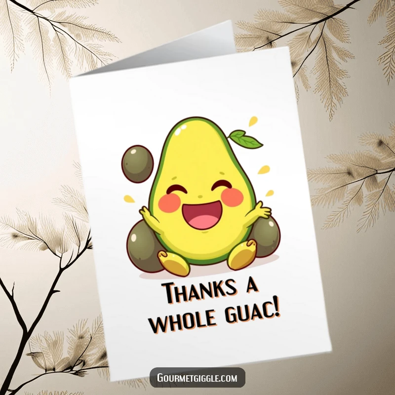 Funny free printable thank you card: a beaming avocado with a wide smile, juggling pits to express its sincere gratitude.
