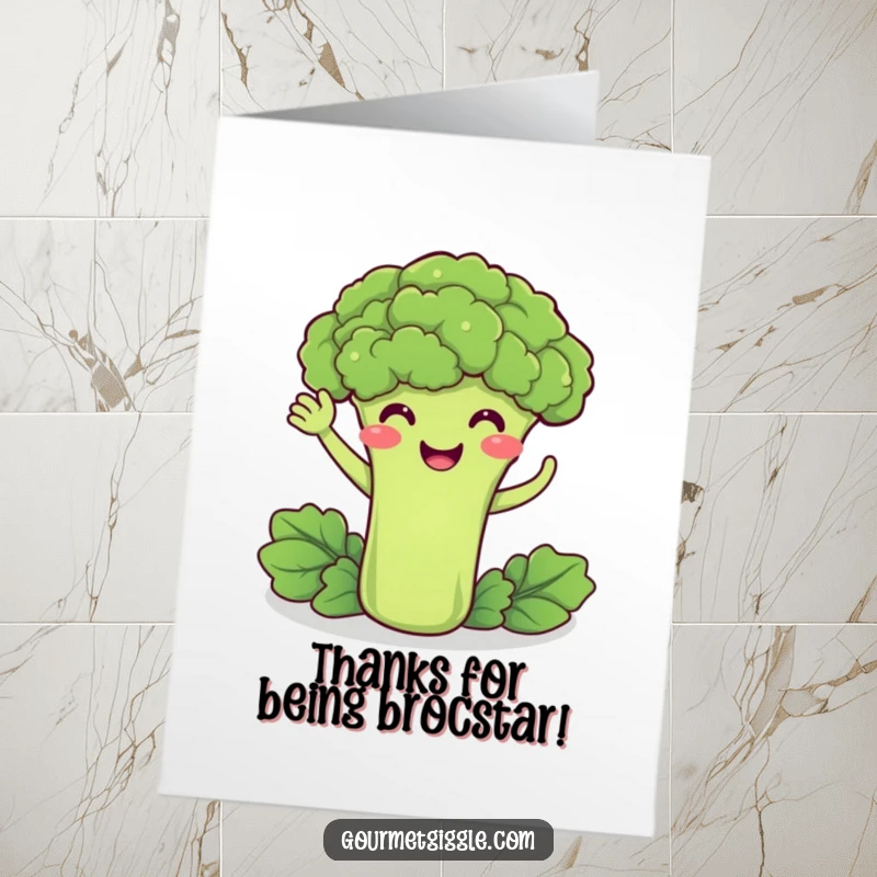 Funny Free Printable Thank You Card: A delighted broccoli smiles and waves, sending a cheerful thank you.