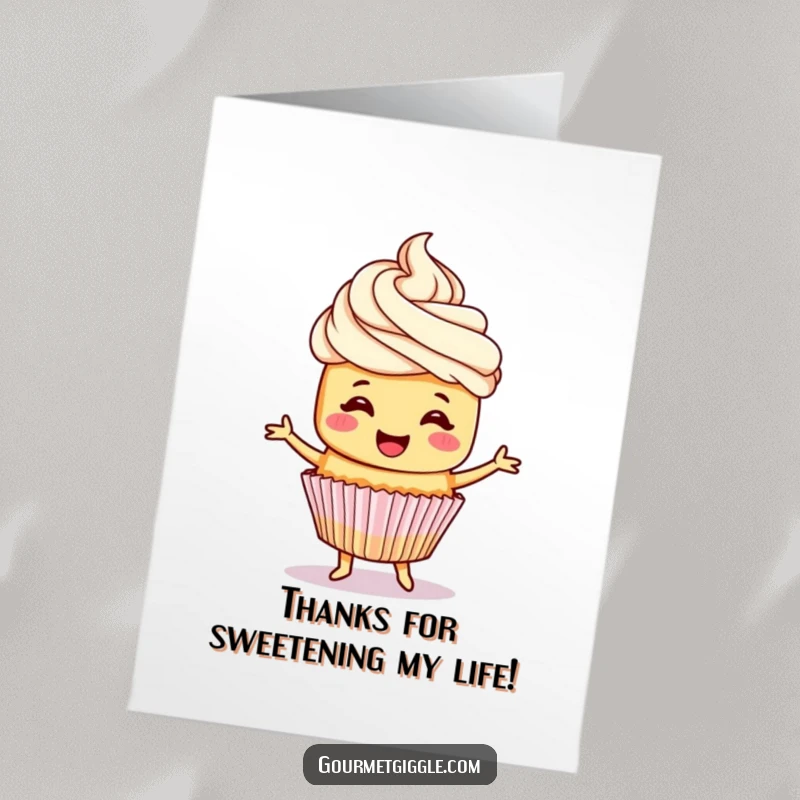 Funny Free Printable Thank You Card: A cheerful cupcake jigs happily, offering sweet thanks.