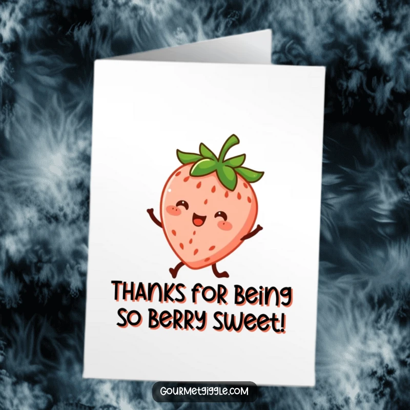 Funny Free Printable Thank You Card: A cheerful strawberry character with legs dancing with enthusiasm, thanking someone.