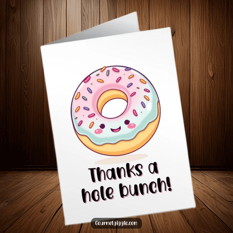 Funny Free Printable Thank You Card: A smiling donut with sprinkles bounces rhythmically, offering sweet thanks.