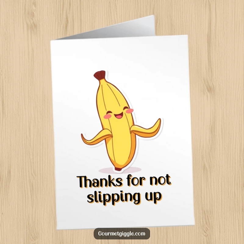 Funny Free Printable Thank You Card: A joyful banana peel slipping with a grin, perfect downloadable gift.