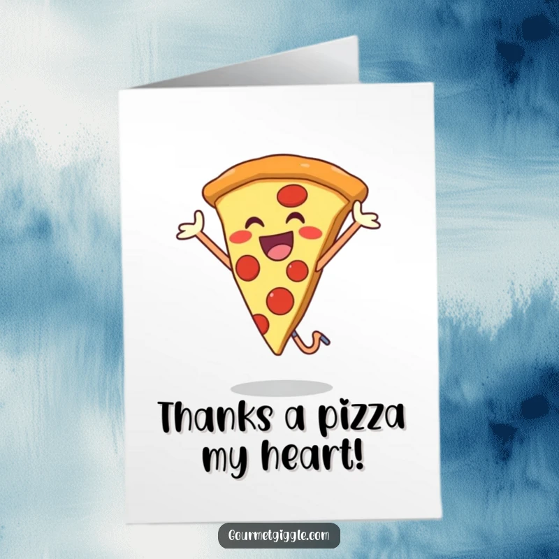 Funny Free Printable Thank You Card: A smiling pizza slice jumps for joy, conveying heartfelt thanks.