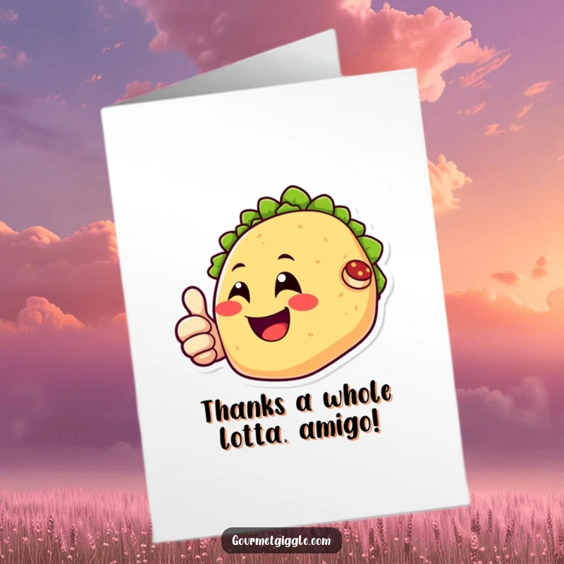 Funny Free Printable Thank You Card: A happy taco character with a big grin giving a thumbs up in thanks.