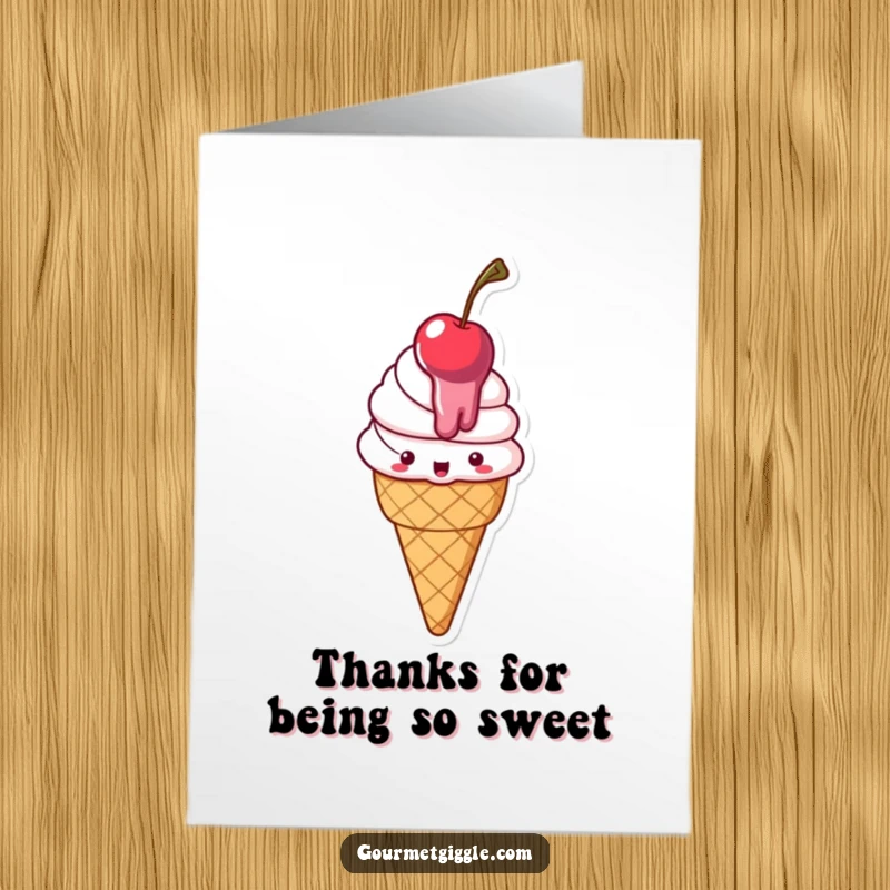 Funny free printable thank you card: a cheerful ice cream cone, melting slightly, expressing sweet gratitude with a cherry smile.